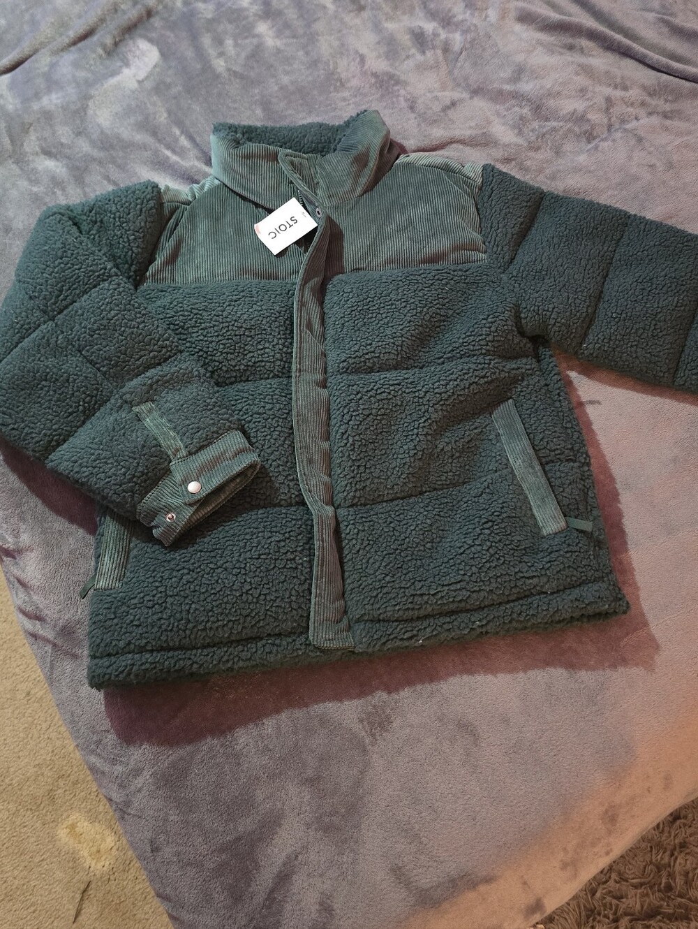 STOIC Men's Forest Green Sherpa Puffer Jacket with Corduroy Trim